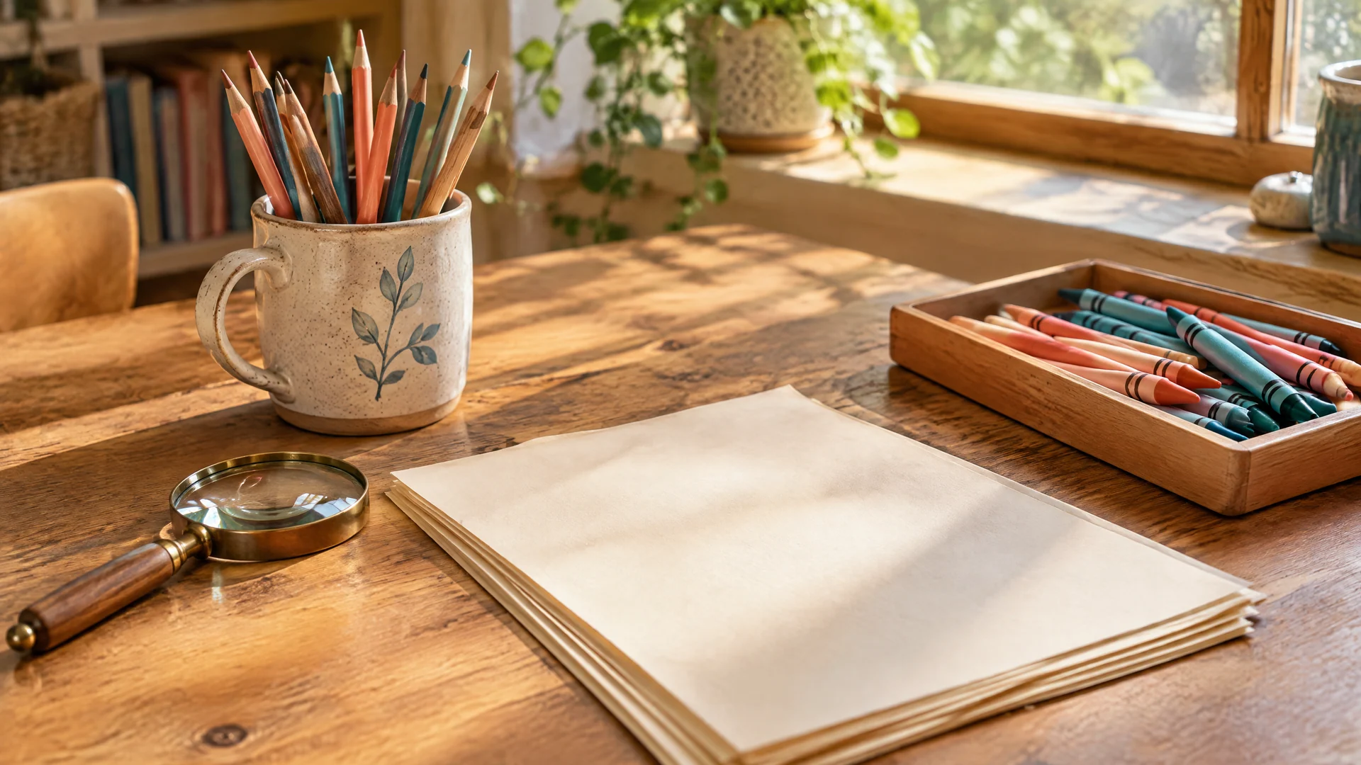 Wooden table with a mug of pencils, a magnifying glass, a stack of blank paper and a tray of crayons