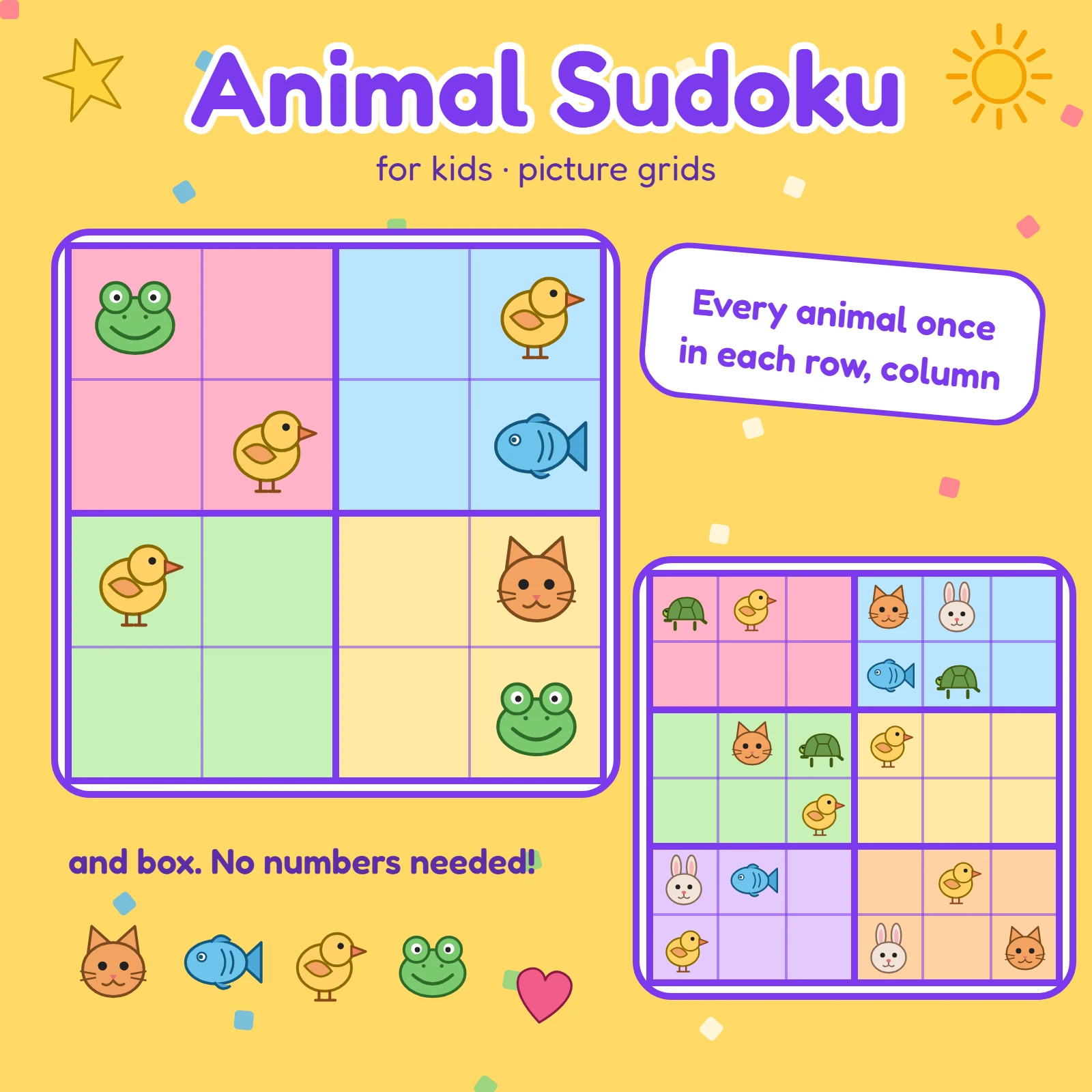 Animal Sudoku page with a small grid and a larger grid filled with cat, fish, bird, frog, bunny and turtle drawings on pastel boxes