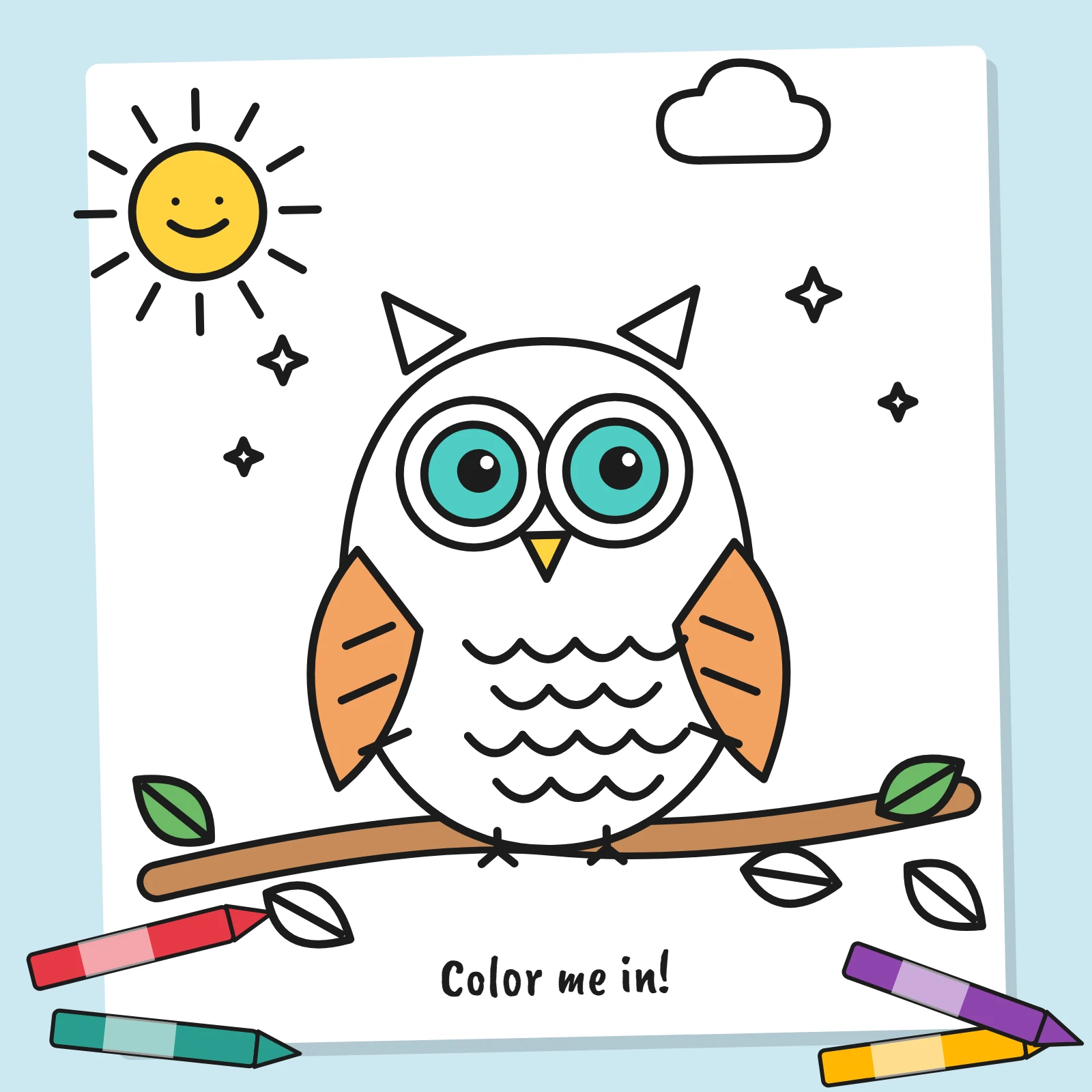 Owl on a branch coloring page with a smiling sun, a cloud, stars and leaves, part colored in with crayons lying beside the paper