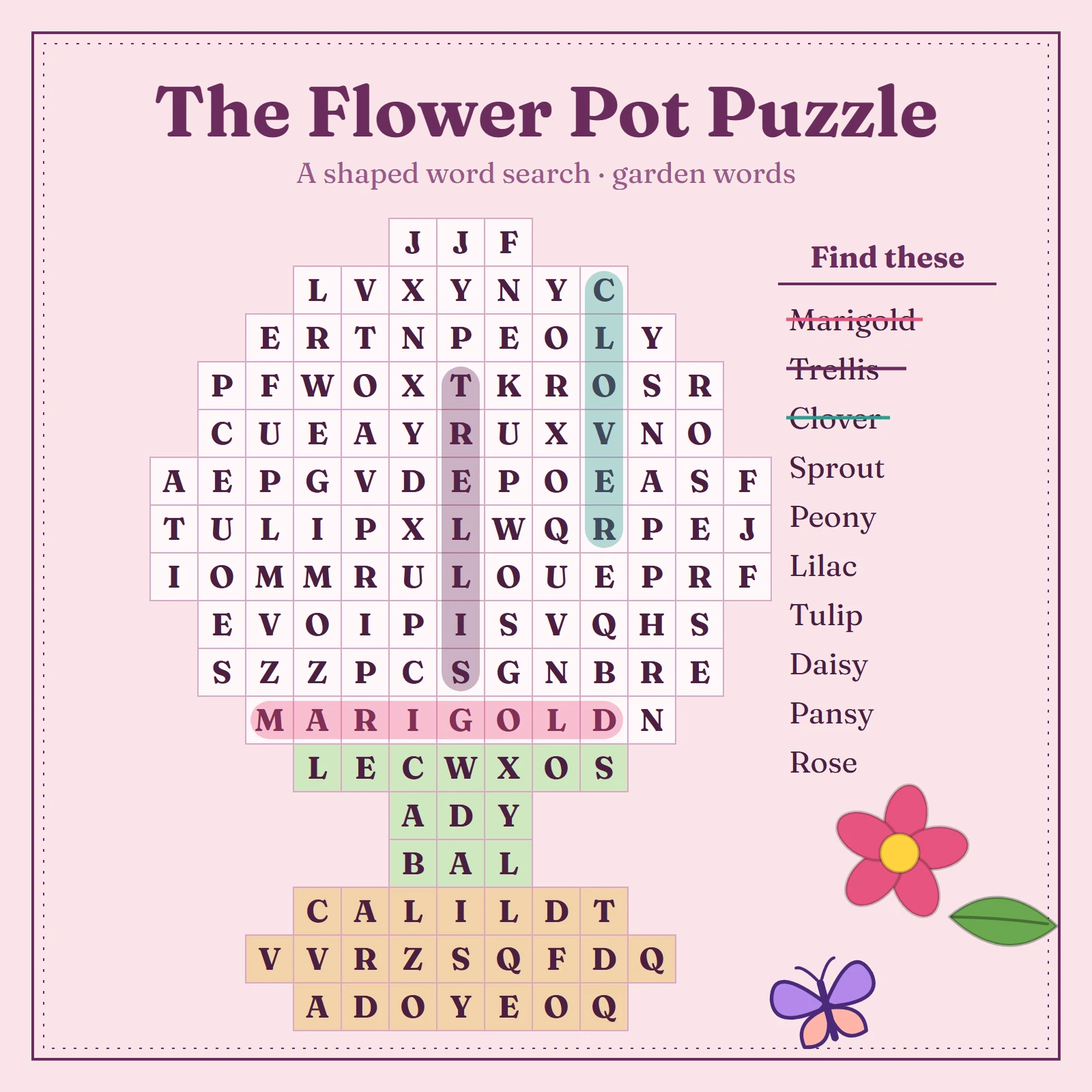 Flower pot shaped word search with plum letters inside a blossom, stem and terracotta pot, a word list, a pink flower and a butterfly