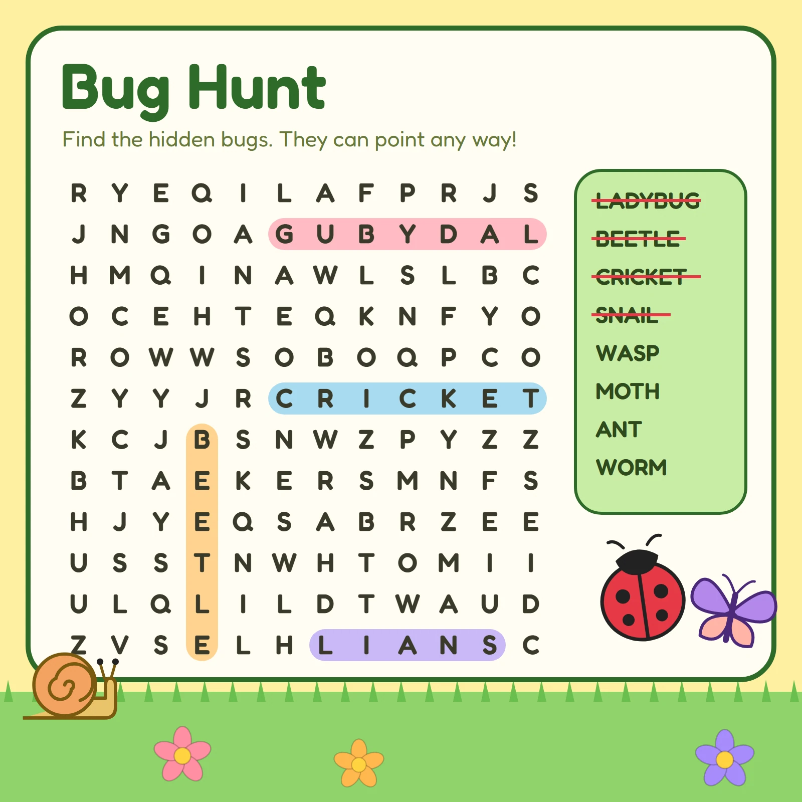 Bug Hunt word search page with a letter grid, highlighted words, a bug word list, a ladybug and a snail